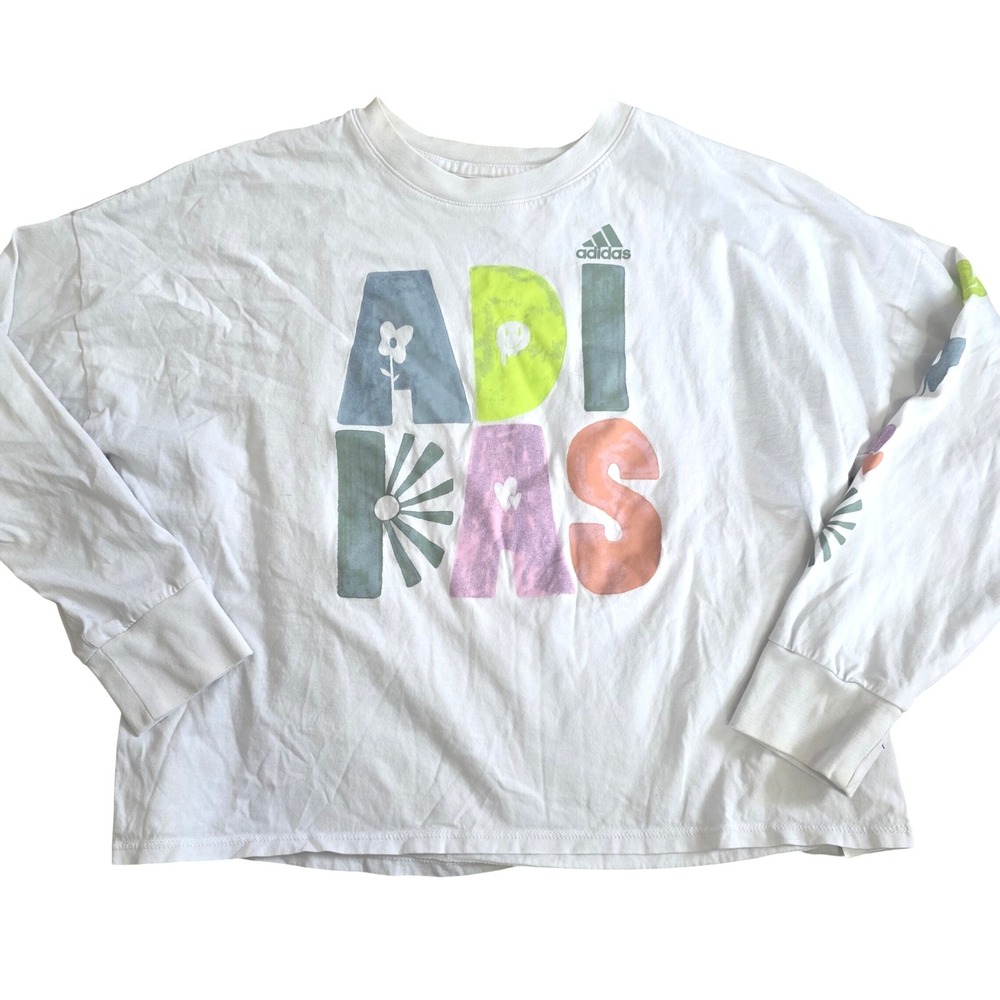 Adidas Girls White Long Sleeve Graphic T-Shirt Pastel Logo Loose FitMedium 10-12